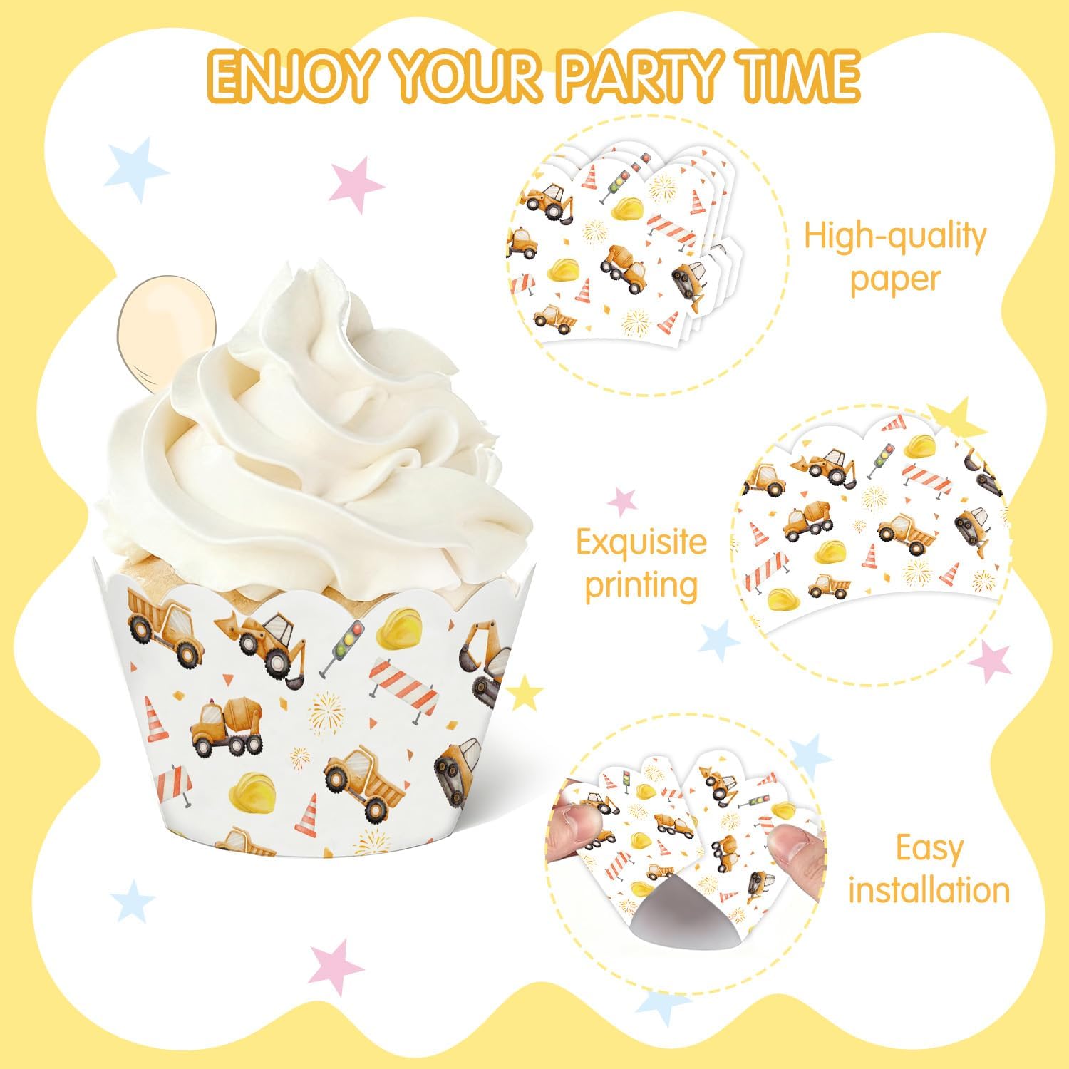 36Pcs Construction Baby Shower Decorations,Birthday Party Supplies Cupcake Wrappers,Gender Reveal Cupcakes Liners,Truck Paper Baking Cup Holders for Boys Birthday Cake Decor,7.8x2 Inch image 3