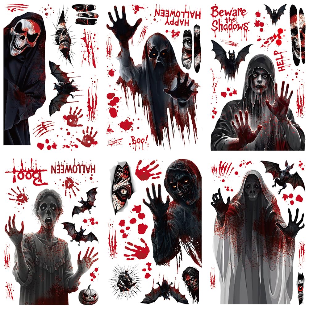Wfkkmeq D Halloween Scary Window Ecorations, Ouble Side Halloween Window Ecals, Removable Electrostatic Window Sticker, Scary Accessories For Party, Party Ecor Supplies (6 Sheets)