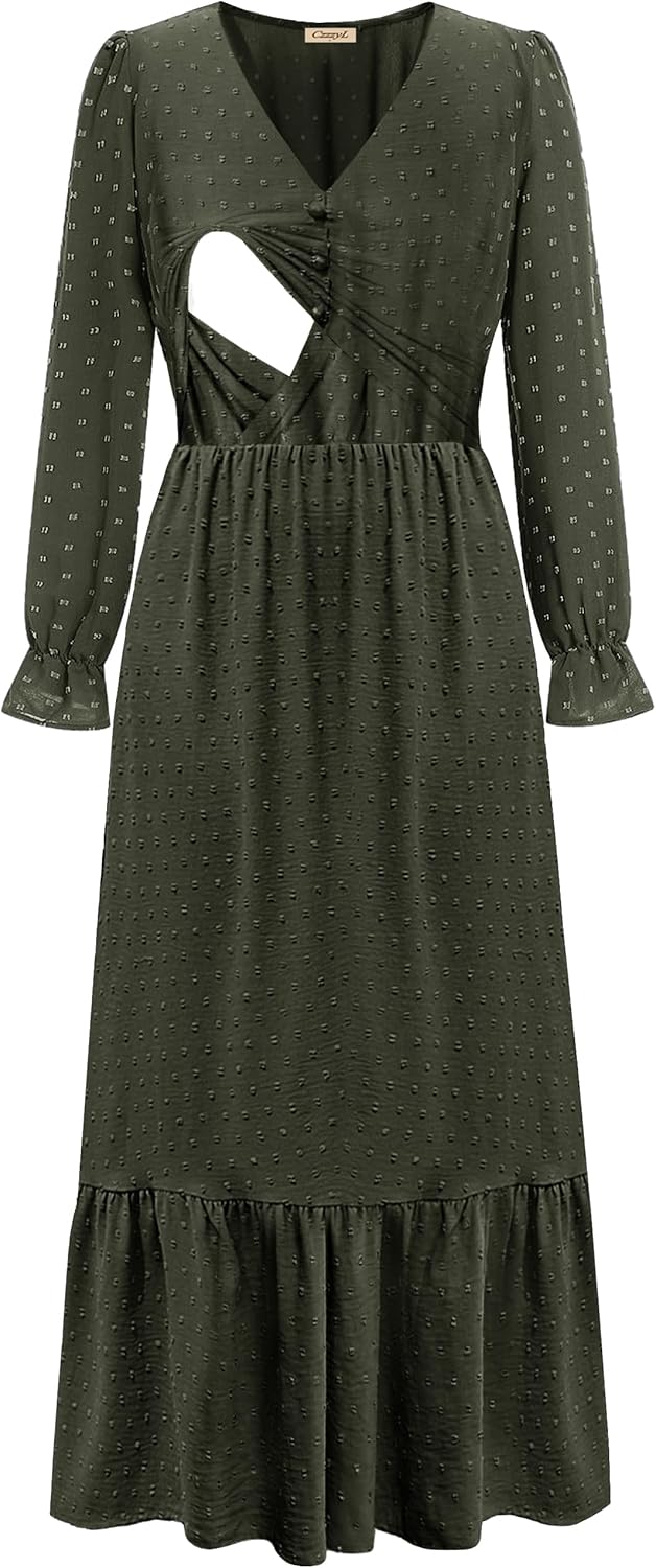 Women Nursing Boho Maxi Dress 2024 V Neck Swiss Dot Smocked High Waisted A-Line Ruffle Tiered Long Dress with Pockets - Image 5