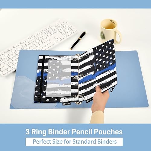 Miniatura 4 de Fisyme Blue Line - Estuche para lápices de la bandera estadounidense de policía para carpetas de 3 anillas, estuche para lápices con cremallera con