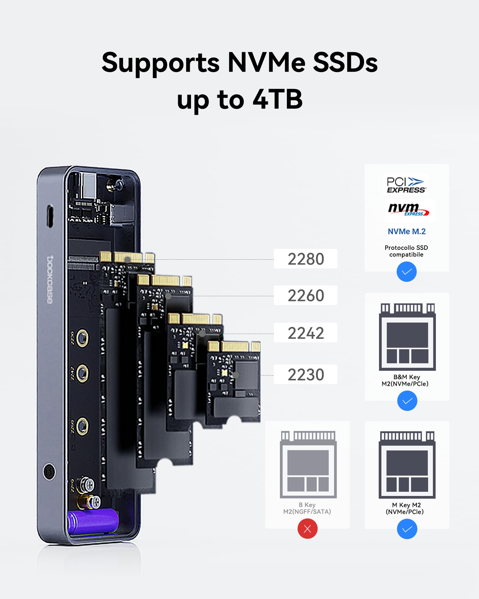 Visual Smart NVMe SSD Enclosure (con custodia in silicone nero), supporta PLP 10s, USB 3.2 Gen 2 Type-C, compatibile con NVMe PCIe, 2230/2242/2260/2280, supporta M-Key e B+M Key, UASP