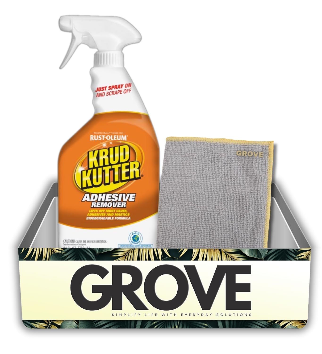Krud Kutter Liquid Adhesive Remover 24 fl. oz. Bundle with Microfiber Cloth – Removes Adhesive, Stickers, Glue, Decals, and Labels from Various Surfaces – Gift Set (2 Items)