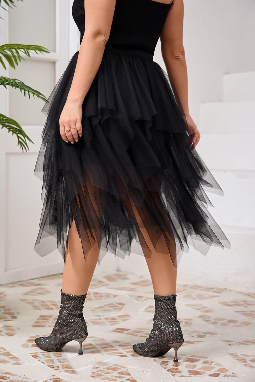 ChicVibes Plus Size Black Asymmetrical Tulle Midi Skirt for Curvy Women, A-Line Elastic Waist Tiered Ruffle Flowy Skirt