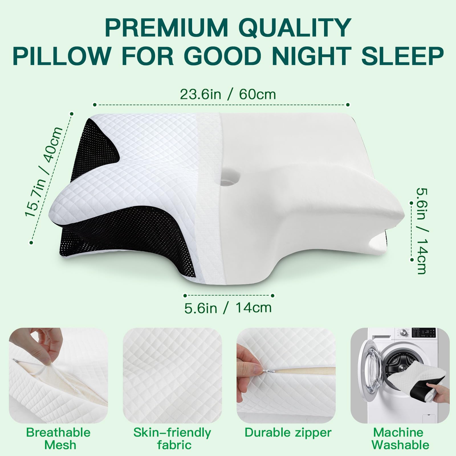 Oreiller Cervical Mémoire de Forme, Noir, 60x40x12/14cm | 2 en 1 Oreiller pour la Nuque pour Dormir Support pour Dormeurs de Côté, de Dos et sur Le Côté/Dos/Ventre