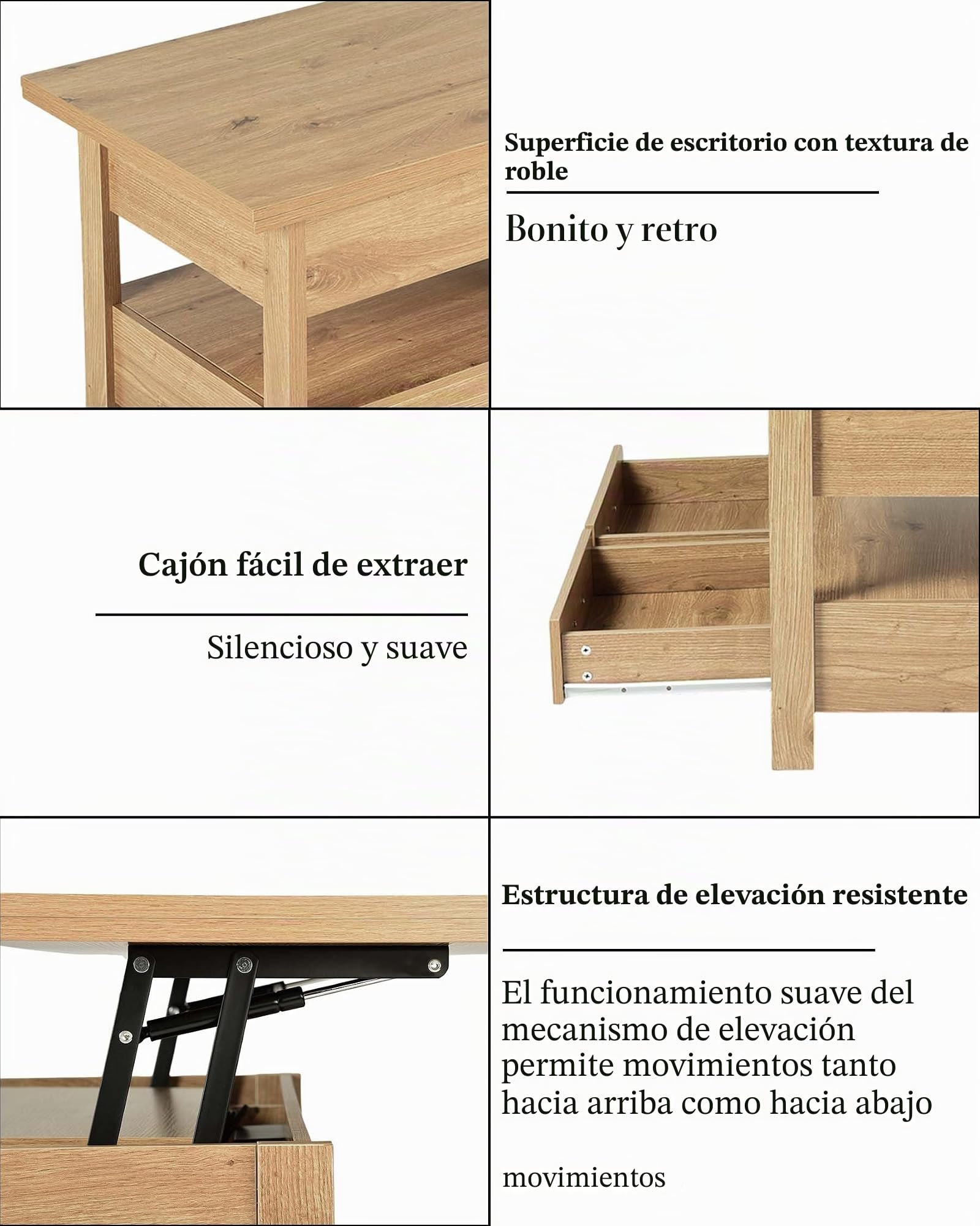Mesa de Centro Elevable y Extensible, Coffee Table con Altura Regulable, Mesa Auxiliar Sofa con 2 Cajones, 2 USB y 2 Enchufes, Luz LED, Madera