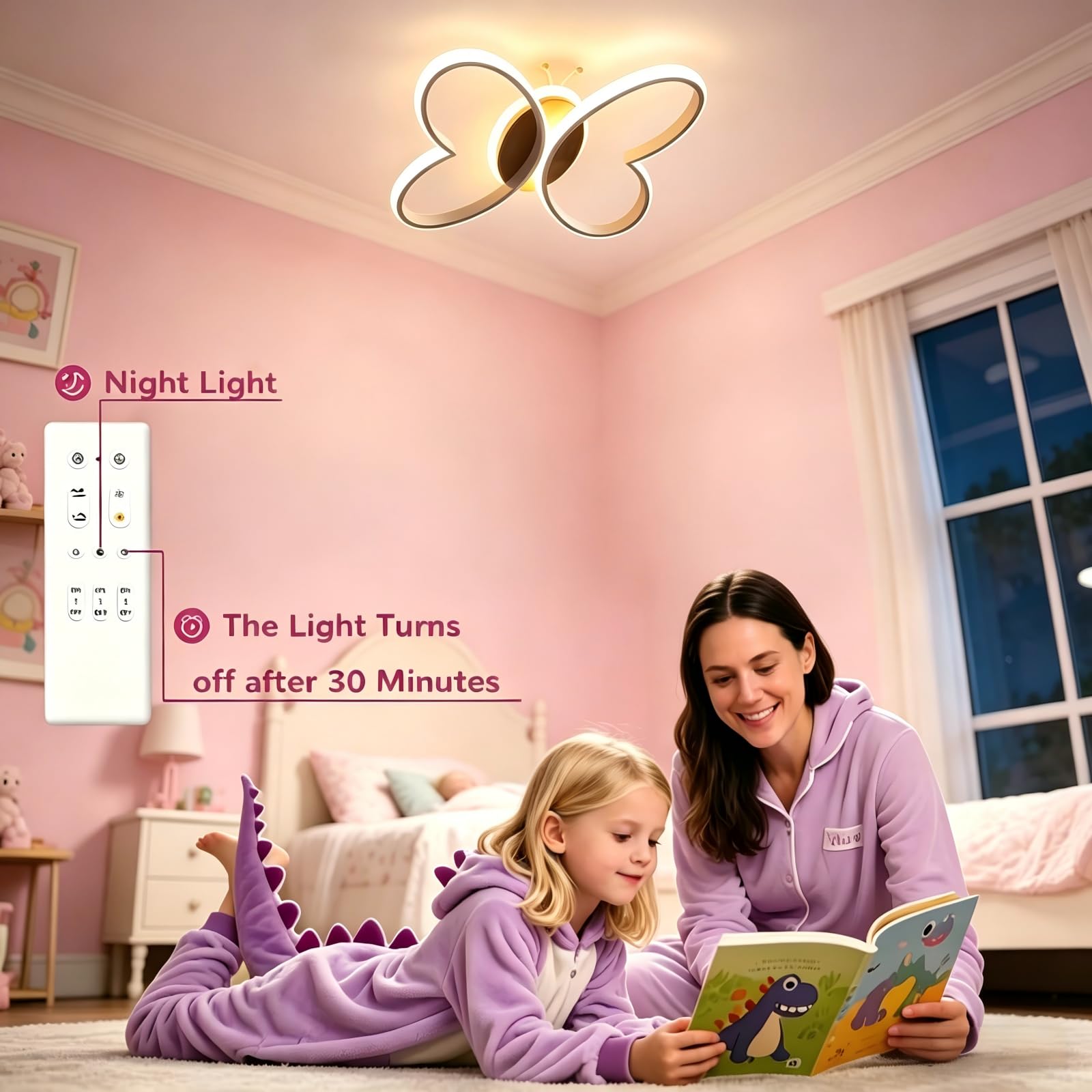 38CM Plafoniera Cameretta Bambini Lampadario, 40W Farfalla Cameretta Plafoniera Led Soffitto con Telecomando con Funzione di Luce Notturna, Lampade a Soffitto Cameretta Bambina camera