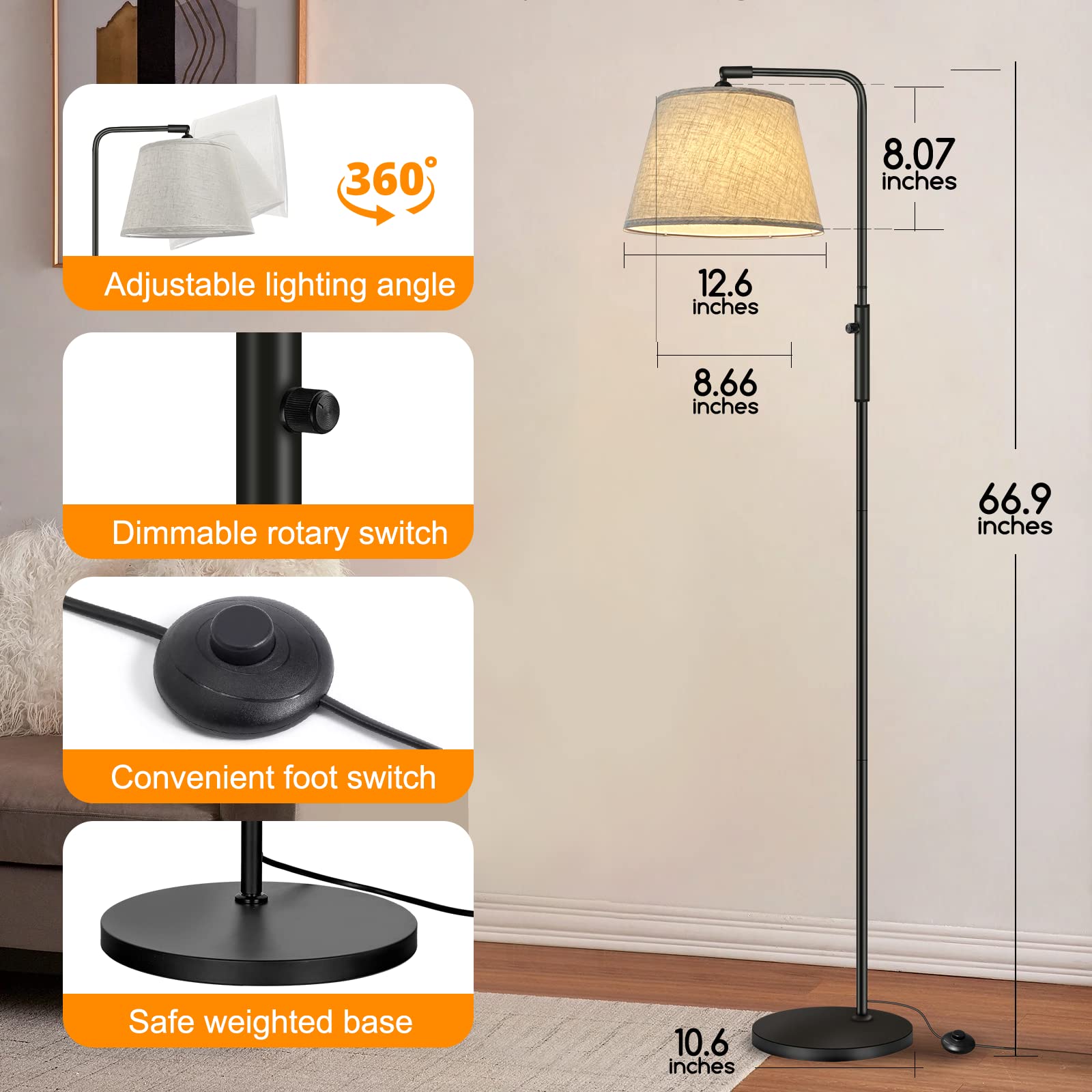 Lámpara de Pie para Salón - 3 Temperaturas de Color & Brillo Ajustable (3000K-6500K, dimmable), moderna con ángulo de luz regulable, interruptor de pie, lámpara de lectura de 170 cm de alt
