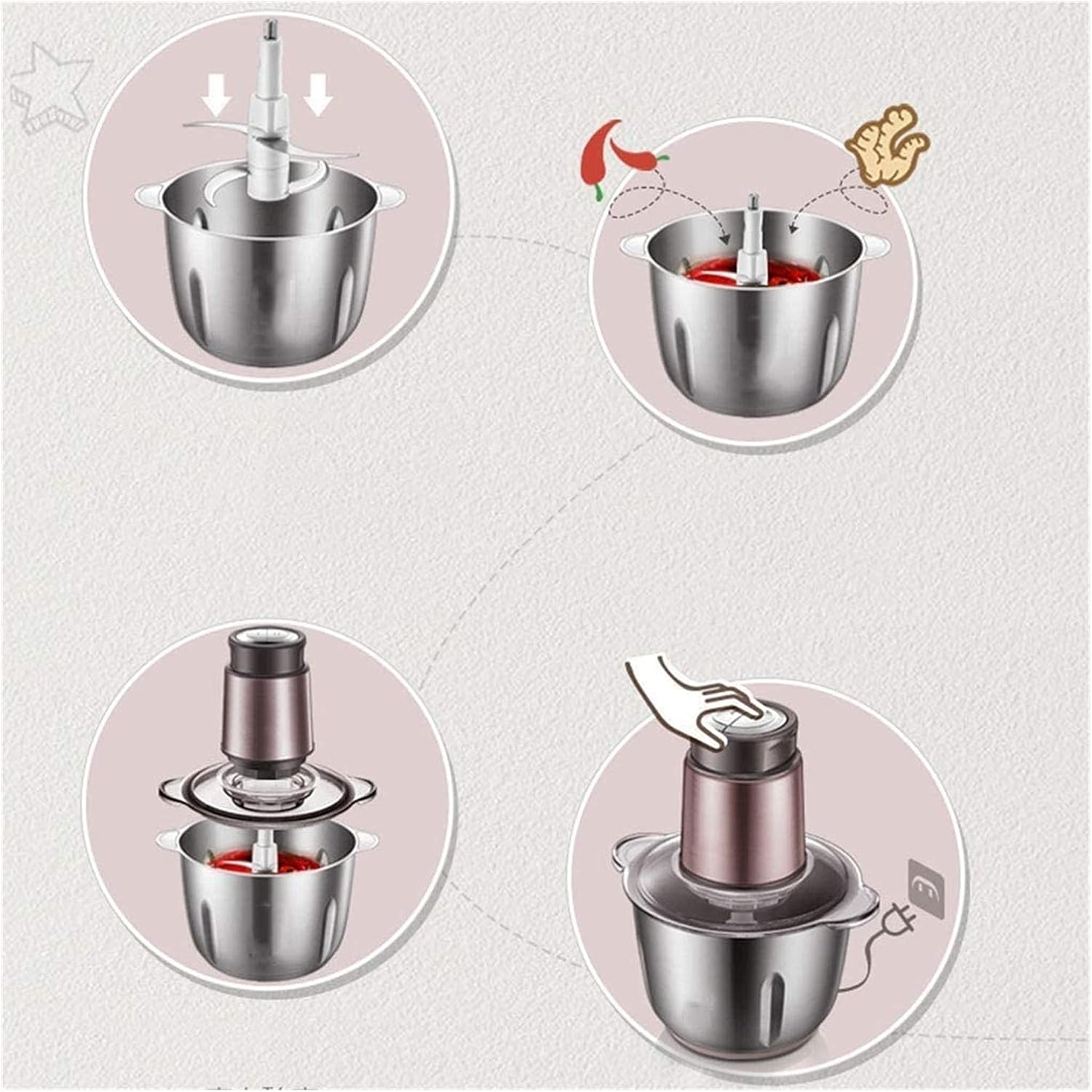 Electric Meat Grinder 300W Large Stainless Steel Kitchen Food Processor Chopper for Meat Vegetables Onion and Nuts 4 Sharp Blades 3 Rotating Speed Levels