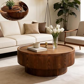 Round Coffee Table with Hidden Storage, Wooden Center Table with Lift-Off Lid for Living Room - Easy Access Coffee Table for Apartments & Small Spaces, Walnut Finish, Quick Assembly,30.7in