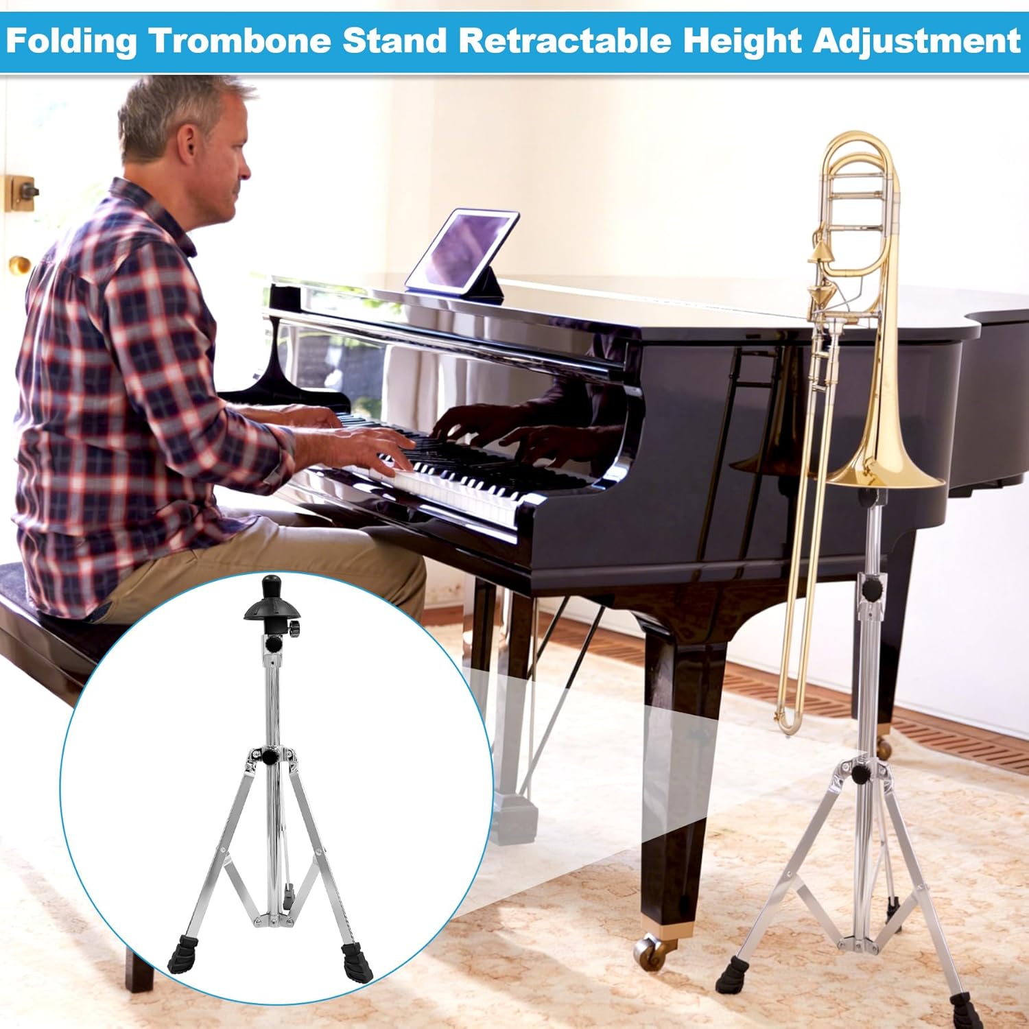 Earthtec Silver Folding Trombone Stand Retractable Height Adjustment, Triangular Stable Construction for Standard-sized Trombone