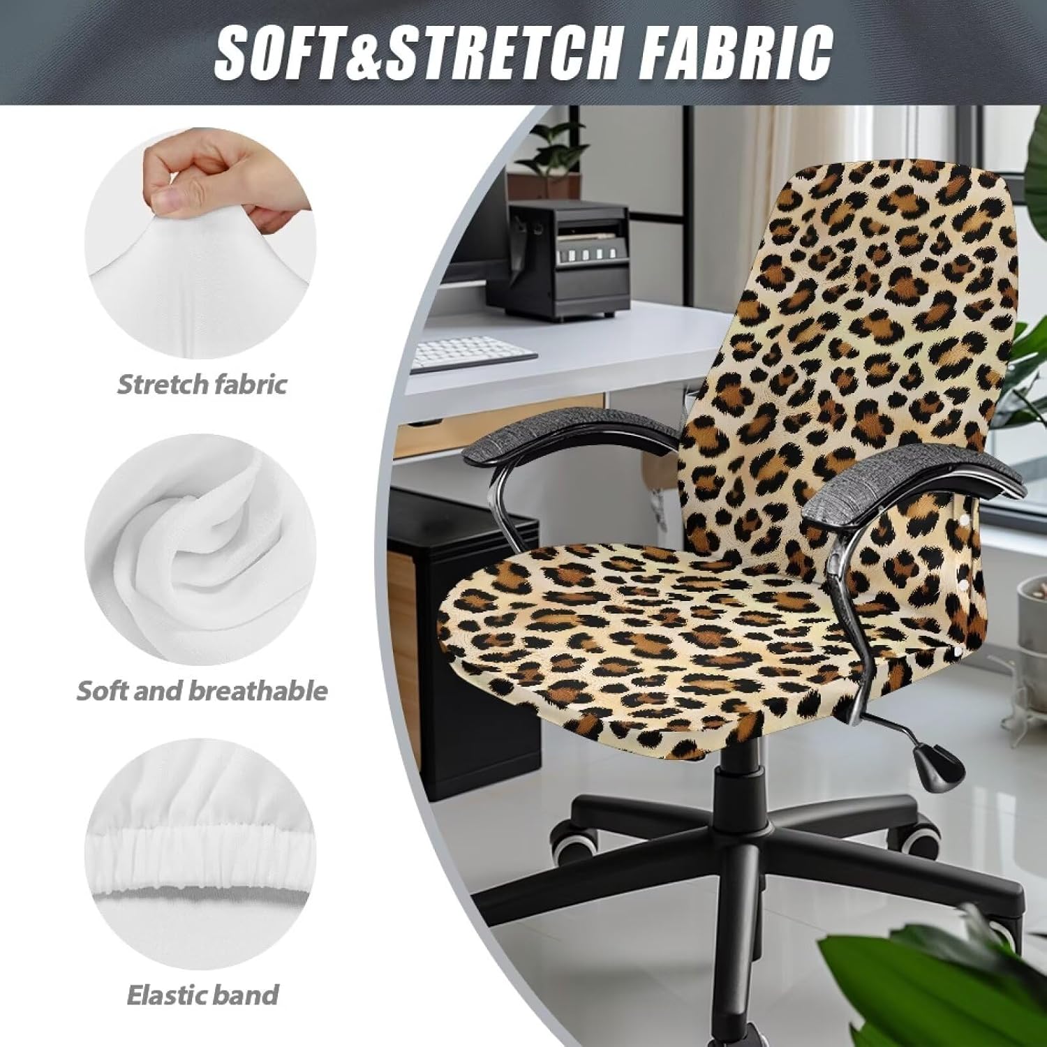Leopard Print Brown Beige Elastic Chair Covers for Office Desk Chairs Non-Slip Comfortable High Back Chair Slipcover Easy to Remove Anti-Dust Chair Protector, S image 5