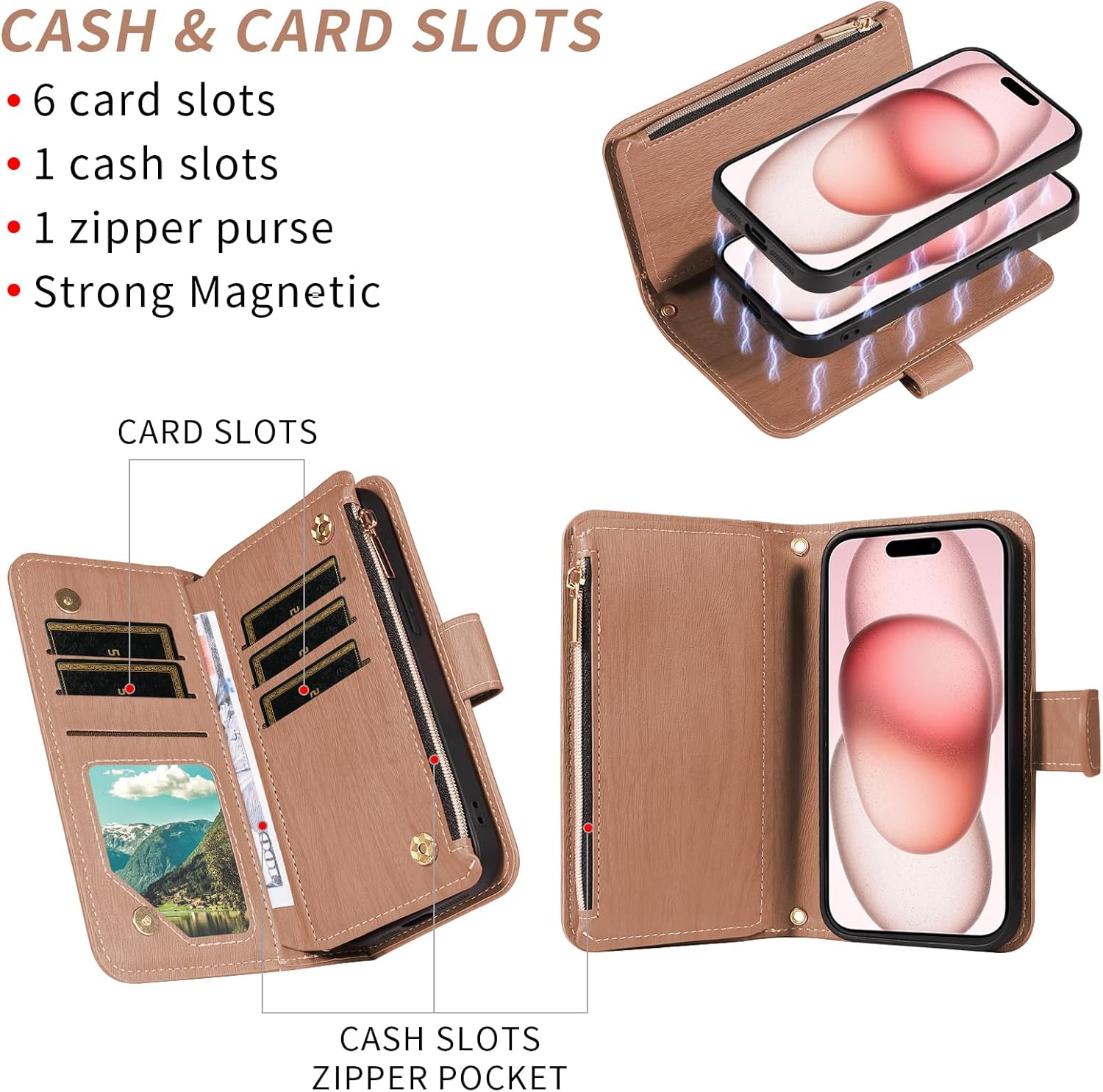 Asuwish Phone Case for iPhone 15 6.1 inch Zipper Wallet Magnetic Detachable Cell Cover with Tempered Glass Screen Protector Crossbody Lanyard Strap Card Holder i Phone15 i15 15Case Women Girls Brown