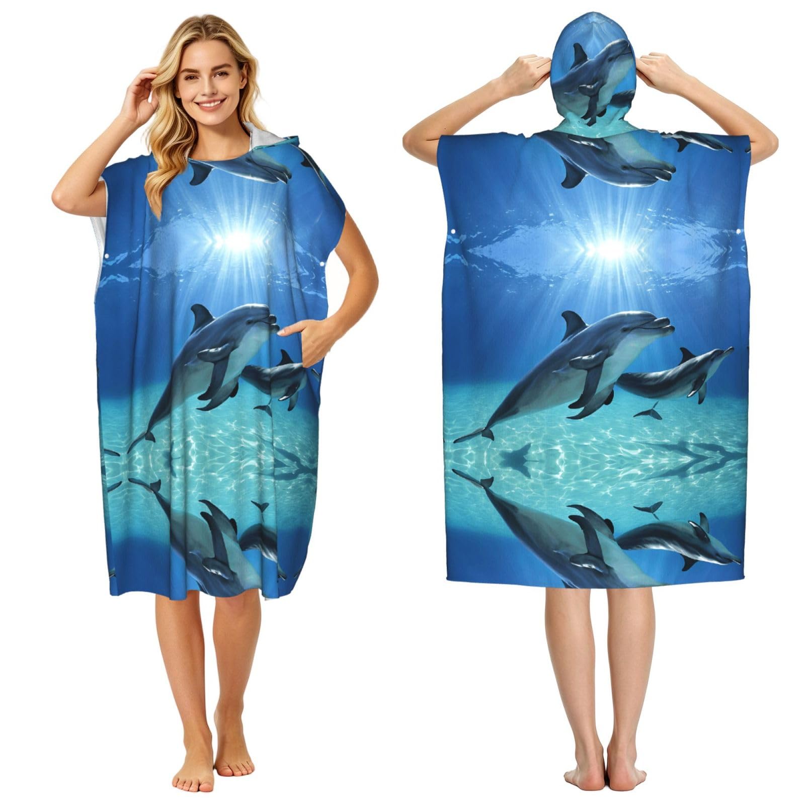 EZDLOWVBA Dolphins In The Sea Print Hooded Poncho Microfiber Beach Towel,Adult Women & Men Changing Robe,Lightweight Summer Surf Swim Bath Poncho Towel