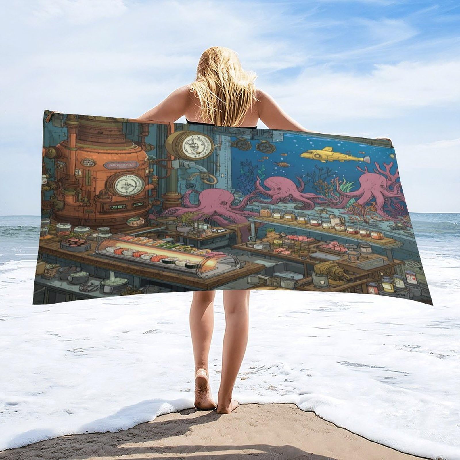 LUYYSKY Vintage Classic Octopus Chef Quick-Drying Beach Towel, Japanese Anime Sushi Underwater Animal Octopus Fish Travel Vacation Single Sided Pile Bathroom Towels-80 W cm x 160" L cm