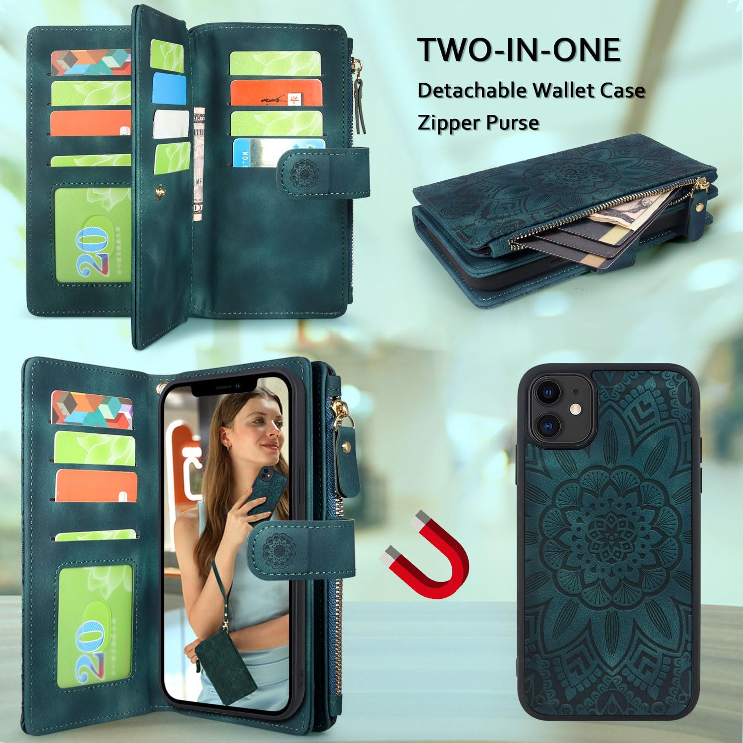 Harryshell Detachable Magnetic Zipper Wallet Leather Case Cash Pocket with Card Slots Holder Wrist Strap for iPhone 11 6.1 inch 2019 Floral Flower (Teal)
