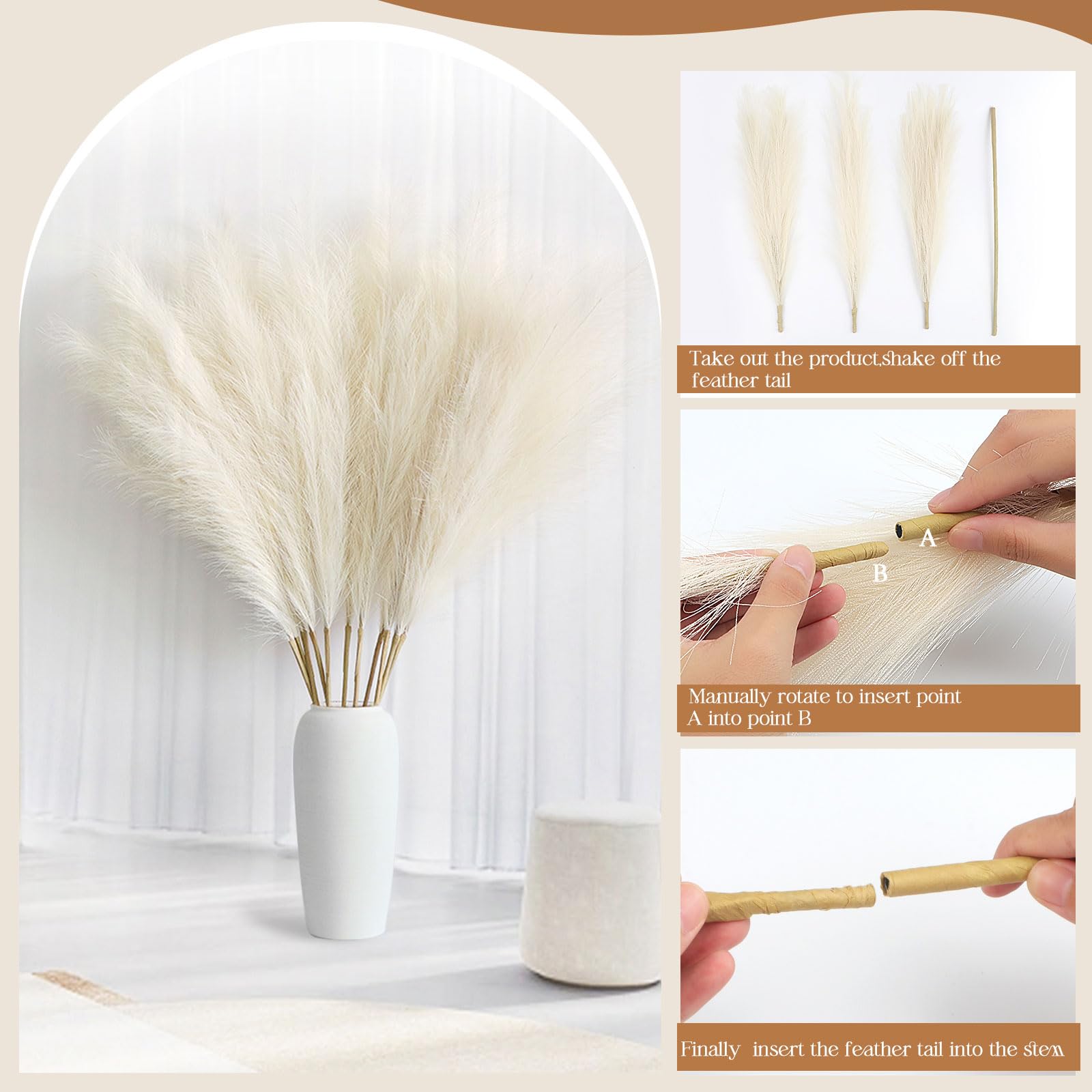8 Stück Pampasgras Künstlich Groß Decor 113CM,Künstliche Trockenblumen Deko Pampasgras Groß für Wohnzimmer Flur Treppe Hochzeits Vase Dekoration