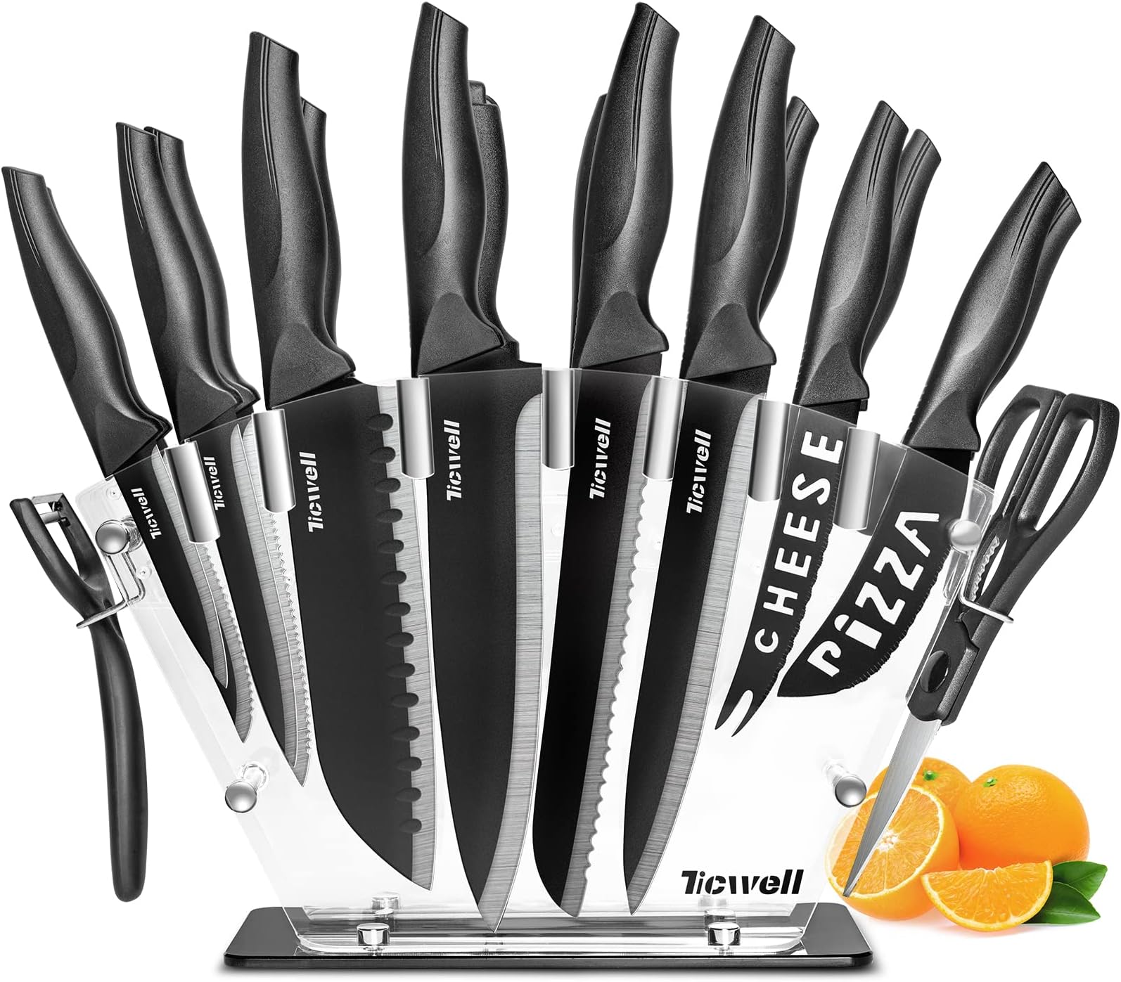 Knife Set 19 Pieces TICWELL Kitchen Black Knife Set with Acrylic Premium 13 Carbon with Scissors &Peeler &Knife Sharpener