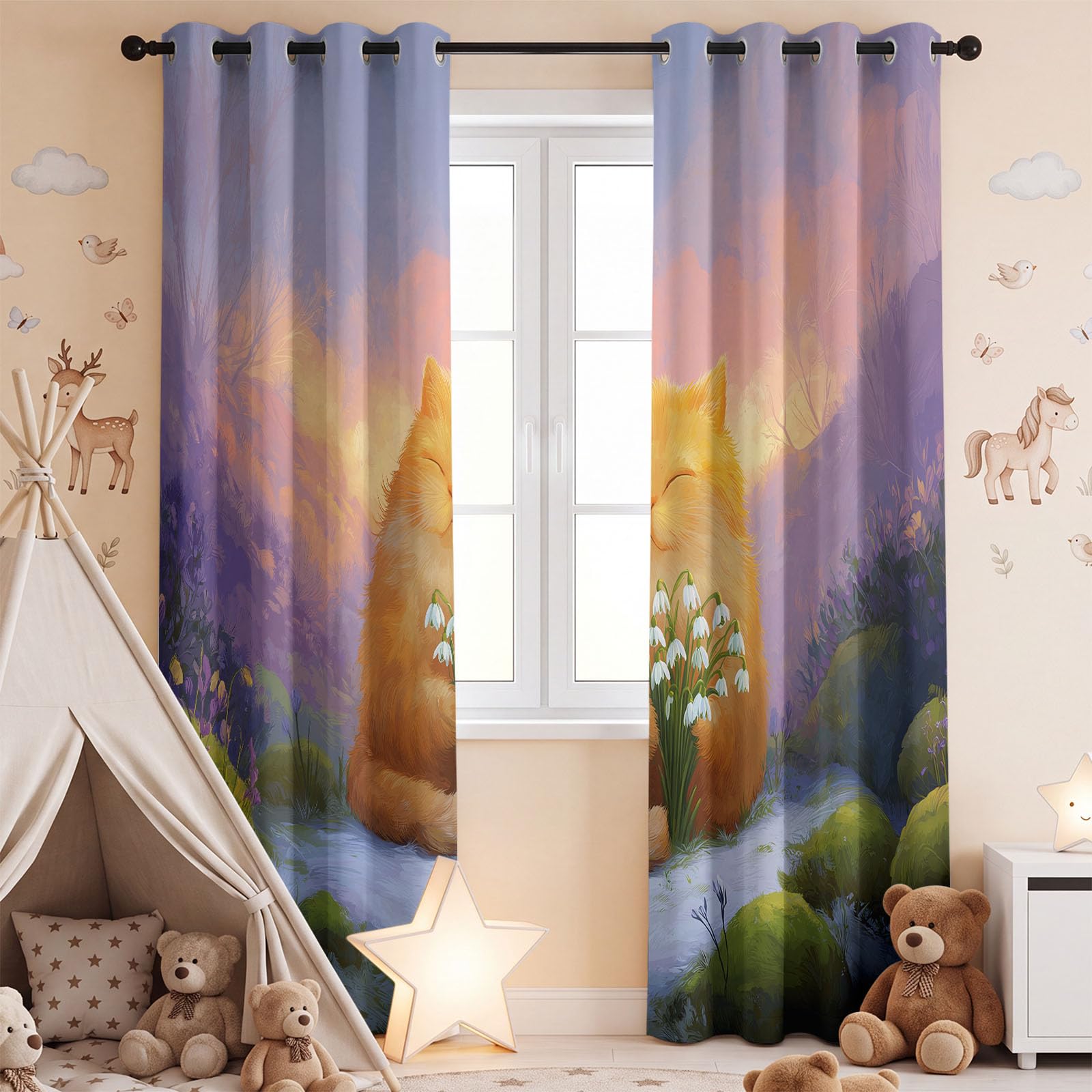 Tenda oscurante animale floreale, 110 x 215 cm, fiore gatto tende e drappeggi per bambini e ragazze, camera da letto, soggiorno, tende termiche isolanti