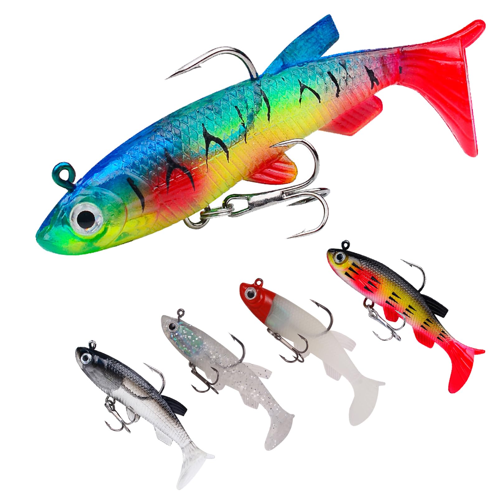 5PCS/Box Soft Bionic Fishing Lures Bass Wobbler with T Tail， Artificial Bait Jig Head Submerged Lures, for Saltwater and Freshwater Fishing 13.5g/0.47oz