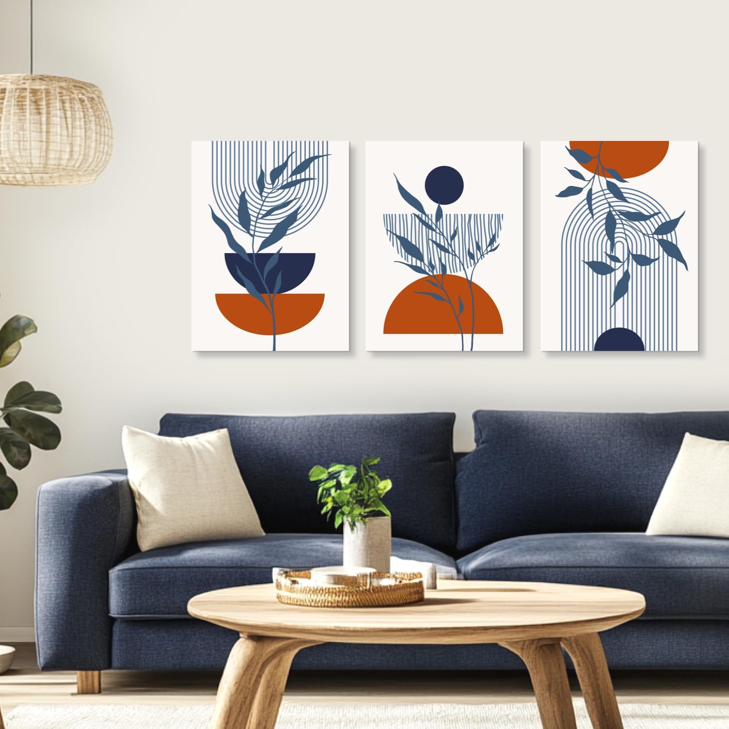 Blue Boho Wall Art Set of 3, Blue Wall Posters Prints, Minimalist Framed Wall Decor, Geometric Line Abstract Modern Neutral Beige Canvas Artwork Paintings for Bedroom Bathroom 12"x16"x3