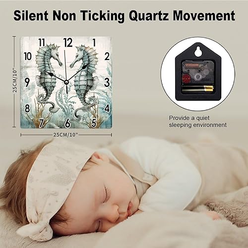 Miniatura 2 de Reloj de pared vintage con diseño de caballito de mar en acuarela costera, océano, fondo marino, fondo marino, PVC, reloj de pared de PVC para casa