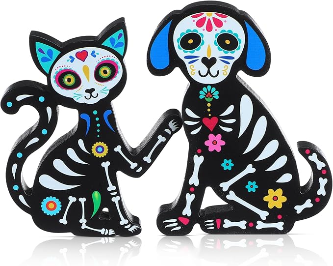 Wesiti 2 Pcs Day of The Wooden Table Decorations Sugar Skull Cat and Dog Figurine Signs Dia De Los Muertos Desk Top Decor for Tiered Tray Shelf Mantle Home Office Mexican Halloween Party Supplies