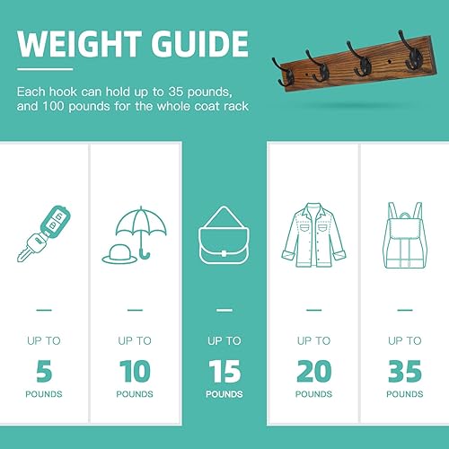 Miniatura 5 de YTJG Perchero Montado en la Pared, Perchero de Pared con 4 Ganchos Rústicos para Abrigos, Riel de Perchero de Madera de Fresno de 17" para Entrada