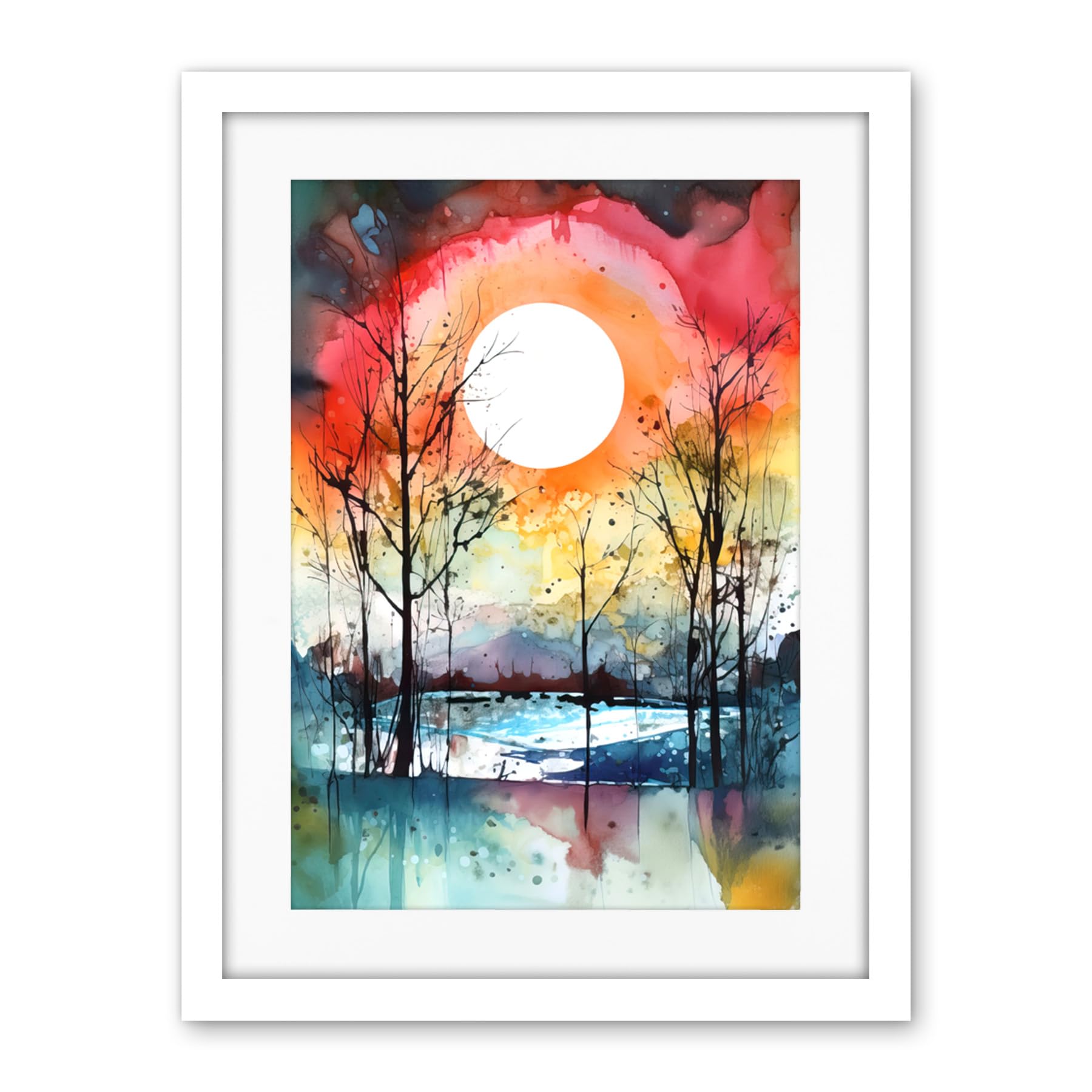 Artery8 Abstract Sunset Landscape Watercolour Painting Countryside Lake Autumn Trees Artwork Framed Wall Art Print 18X24 Inch