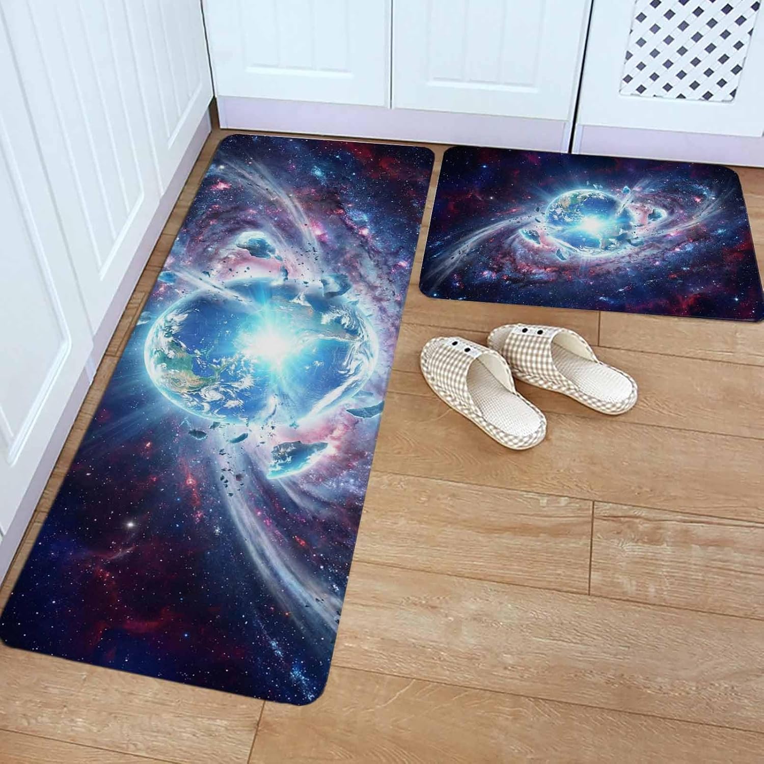 Global Explosion Kitchen Rugs and Mats Set of 2, Non-Slip Kitchen Sink Mat, Modern Abstract Art Galaxy Universe Washable Doormat Bathroom Rugs Runner for Bedroom/Living Room 17.7"x30"+17.7"x59"