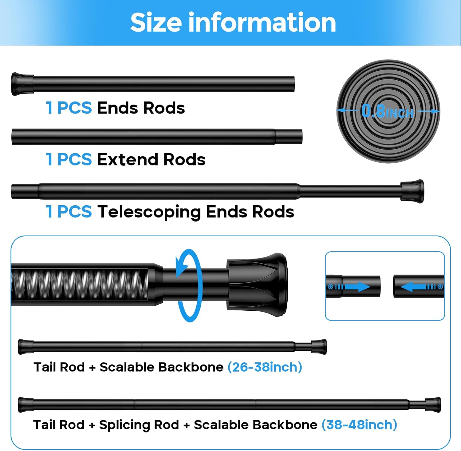 6Pcs Tension Rod, ZipGlo Tension Rods for Windows, No Drilling Rustproof Spring Adjustable Tension Curtain Rod for Doors, Windows, Wardrobe Bars, Drying Support Rods (Black, 28-48 inch)