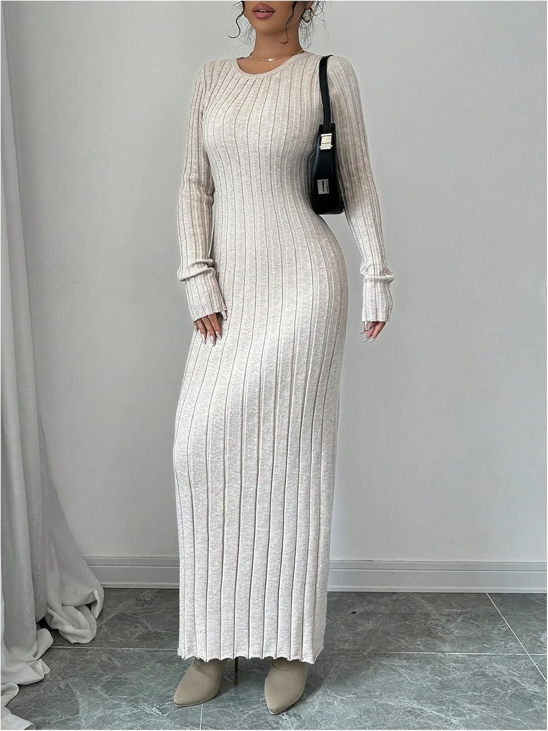 MakeMeChic Women's Sweater Dress Long Sleeve Tie Back Rib Knit Going Out Maxi Dress - Image 4