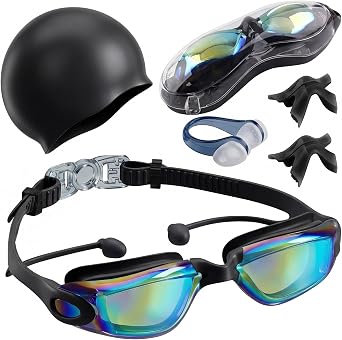 Swimming Goggles with Earplugs, Cap, Nose Clip & Bridge, Storage Case Set 6 in 1 Swim Glasses Kit for Men Women Adults