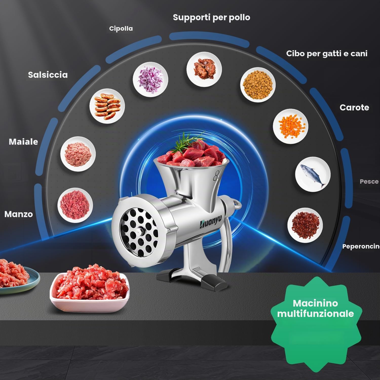 Huanyu Tritacarne in Acciaio Inox con Salsiccia - Tritacarne Manuale Lavabile per Manzo, Maiale e Verdure - M8