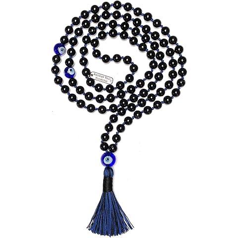 Black Tourmaline and Evil Eye 108 Mala Beads Necklace - Birthstone Jewelry - Root &...