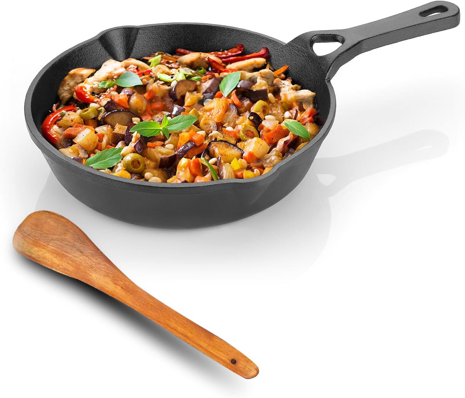 Lifelong Cast Iron Fry Pan 8 Inch (200mm) with Wooden Spatula | 2Ltr, 1.75kg Pan | Non-Stick Pre-Seasoned 100% Toxin & Teflon Free & Durable | Skillet for Cooking, Searing, Sautéing, & Frying|Induction and Gas Stove Compatible