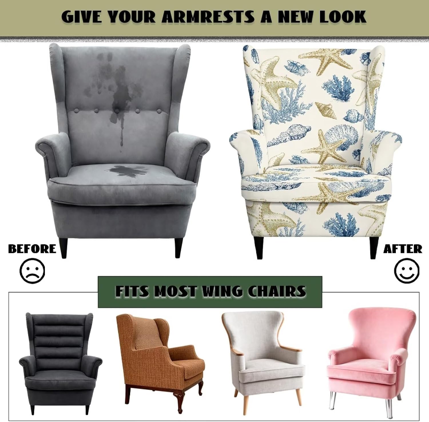 Beach Theme Wingback Chair Slipcovers with Elastic Bottom Starfish Seashell Print 2 Pieces Single-Seat Wingback Sofa Armchair Non Slip Covers Furniture Protector
