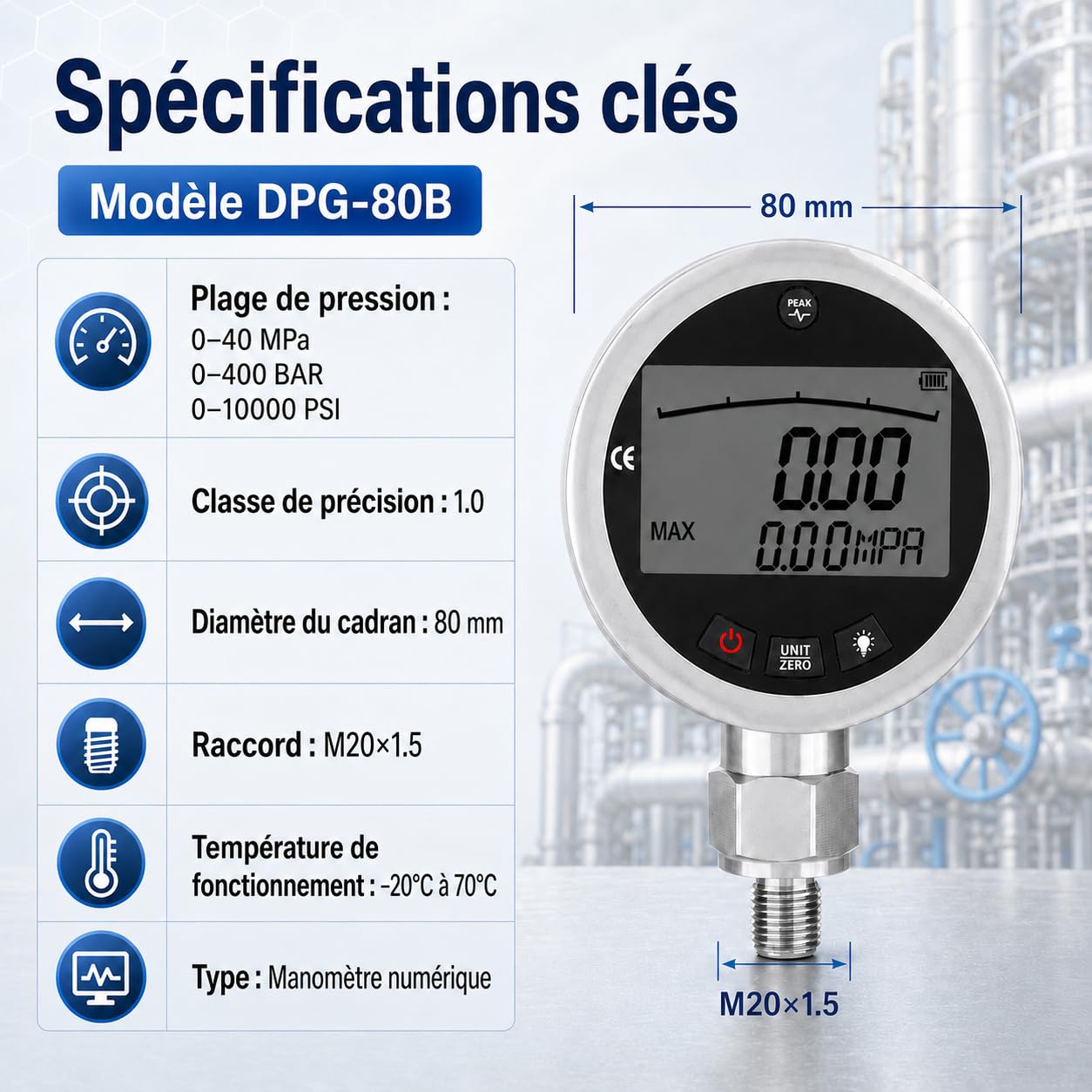 Manomètre Hydraulique Digital, Manomètre numérique hydraulique en acier inoxydable avec écran LCD éclairé pour eau, gaz, huile 400 bar, 0-40 MPa, 10000 PSI avec connecteur G1/4