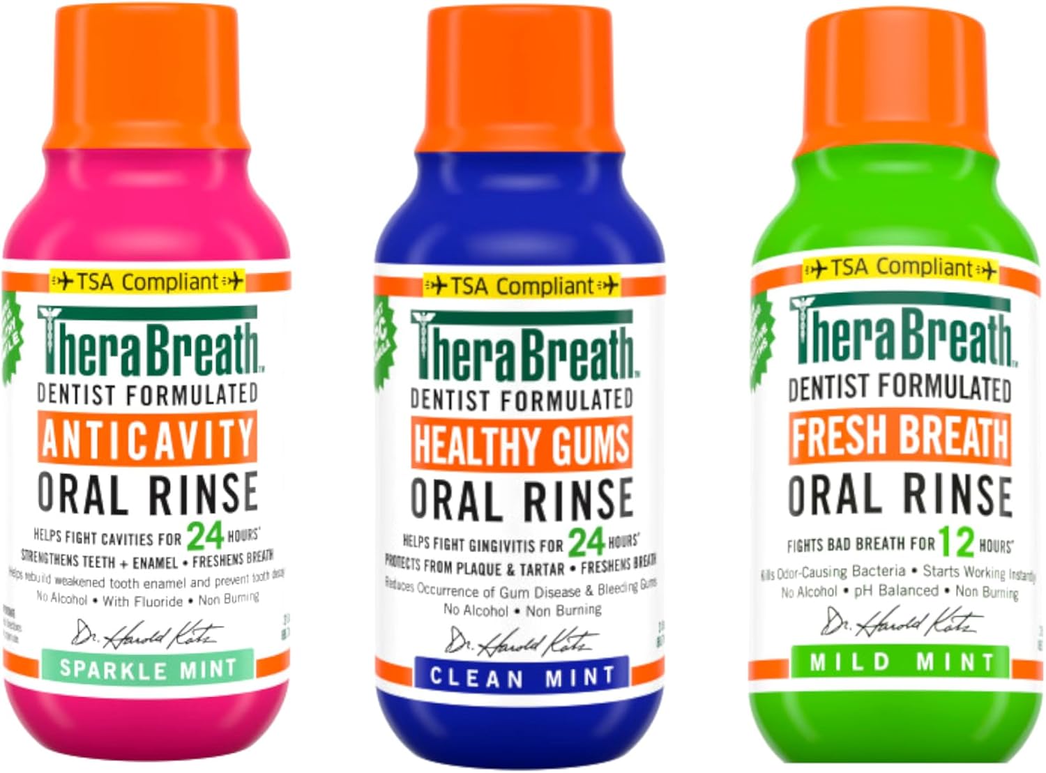 TheraBreath Mouthwash, Anticavity Sparkle Mint & Healthy Gums Clean Mint & Fresh Breath Mild Mint, Alcohol-Free, Travel Size, 3 fl oz Each