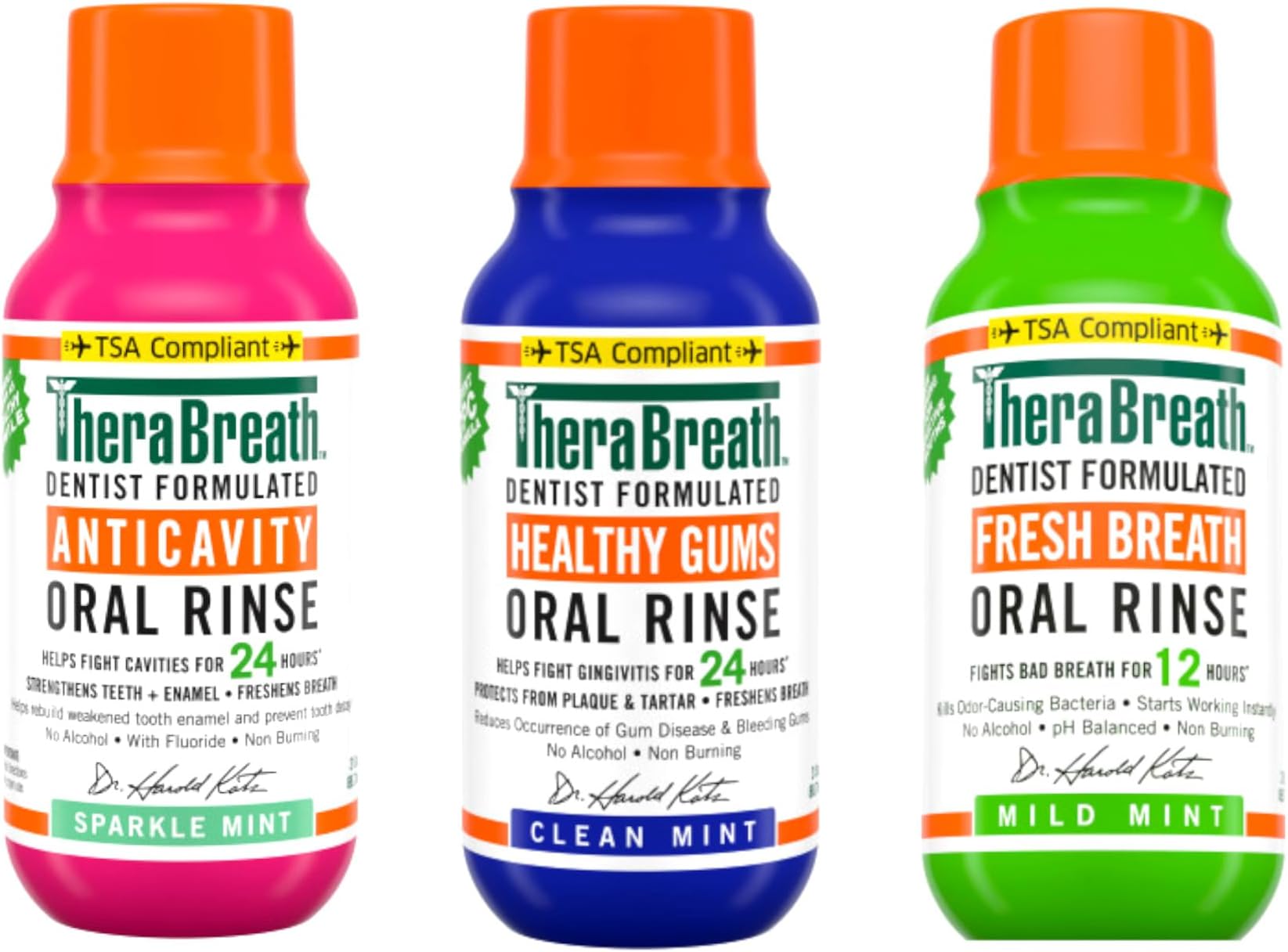 Mouthwash, Anticavity Sparkle Mint & Healthy Gums Clean Mint & Fresh Breath Mild Mint, Alcohol-Free, Travel Size, 3 fl oz Each