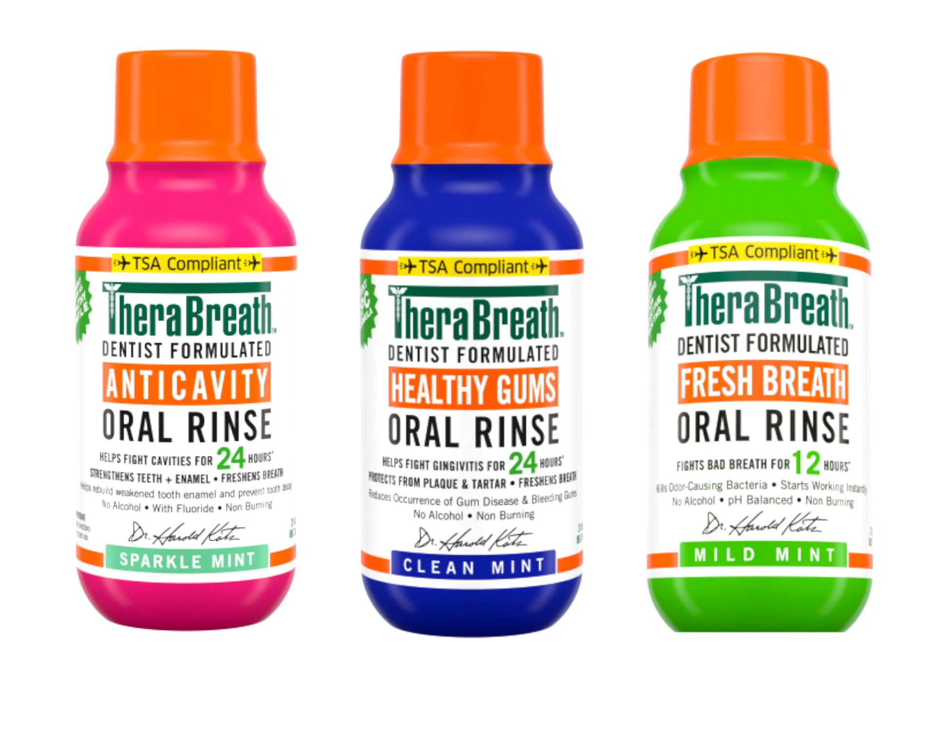 TheraBreathMouthwash, Anticavity Sparkle Mint & Healthy Gums Clean Mint & Fresh Breath Mild Mint, Alcohol-Free, Travel Size, 3 fl oz Each