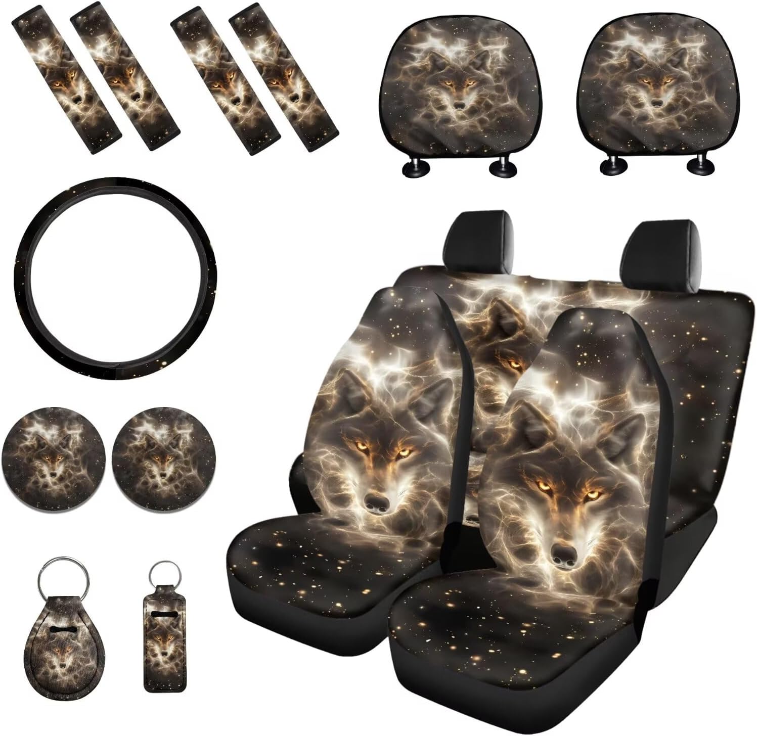 Wolf Printed 15 Pcs Car Interior Covers Set, Stretchy Auto Seat Cover Set Front Rear Seat Protector Seat Belt Pads Steering Wheel Protector