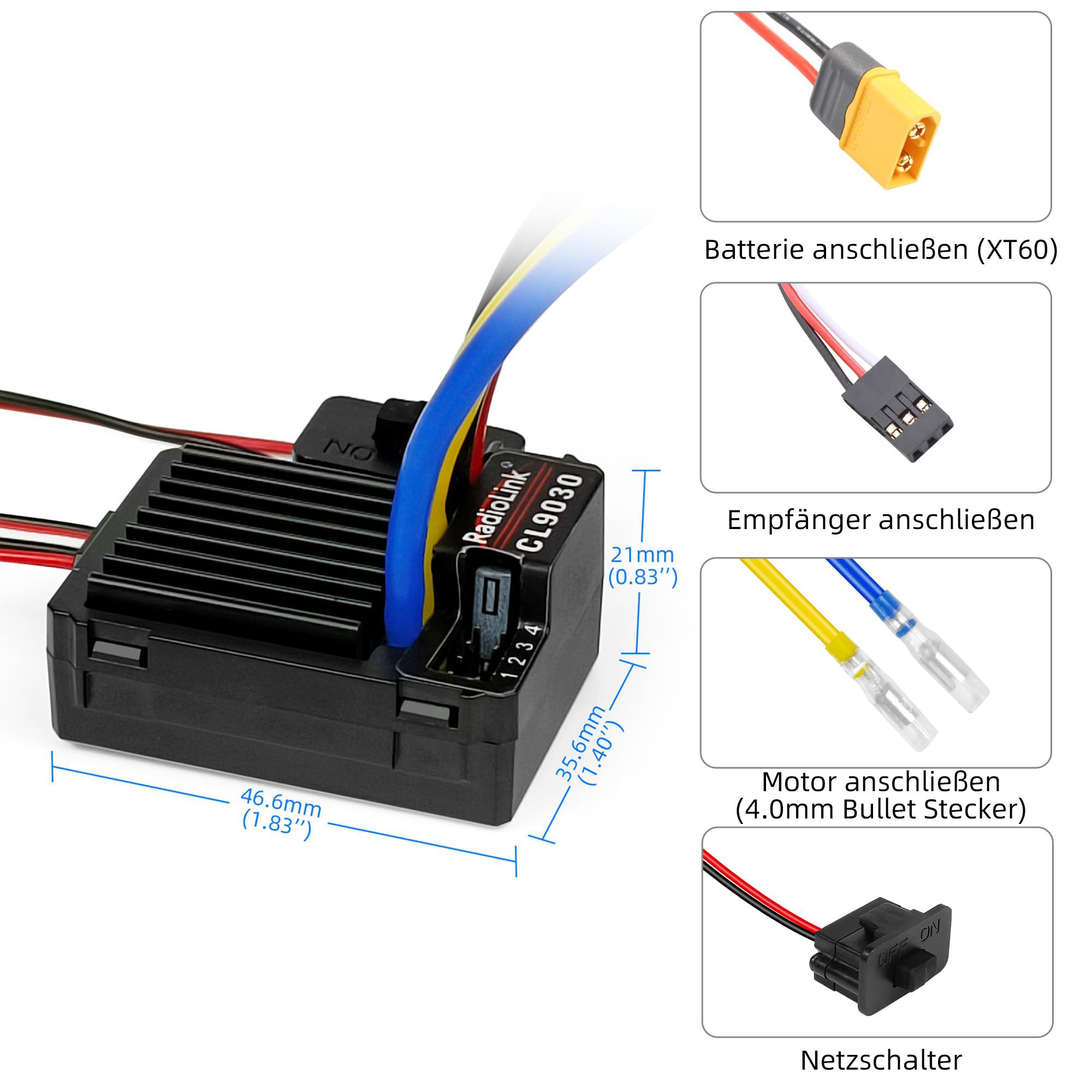 Radiolink Cool 9030 ESC 90A Brushed (2-4S) Wasserdicht Eingebautes BEC 5A Wählbar 5.5V/7.5V Elektronischer Drehzahlregler für RC Truck Crawler Panzer Autos Köder Boote (XT60 Stecker Schwarz)