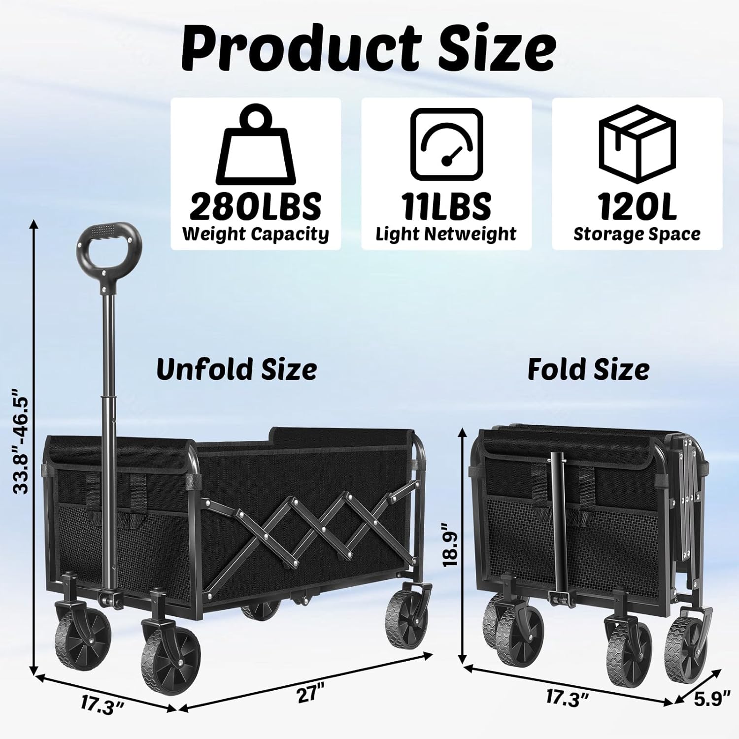 Wagons Carts Foldable, 280 Lbs with Adjustable Handle, Black Lightweight Portable, Collapsible Wagon for Beach Trip, Camping, Shopping, Sports, Travel, Picnic and Grocery (Dark Black)