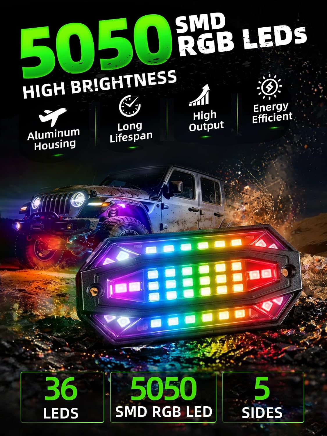 12 Pods RGB LED Rock Lights w/Brake Turn Signal Reverse Mode, Dynamic Color Change Wheel Well Lights w/APP & Remote Control, Music Voice Sync Underglow Kit for Trucks Utv Boat IP68 Waterproof