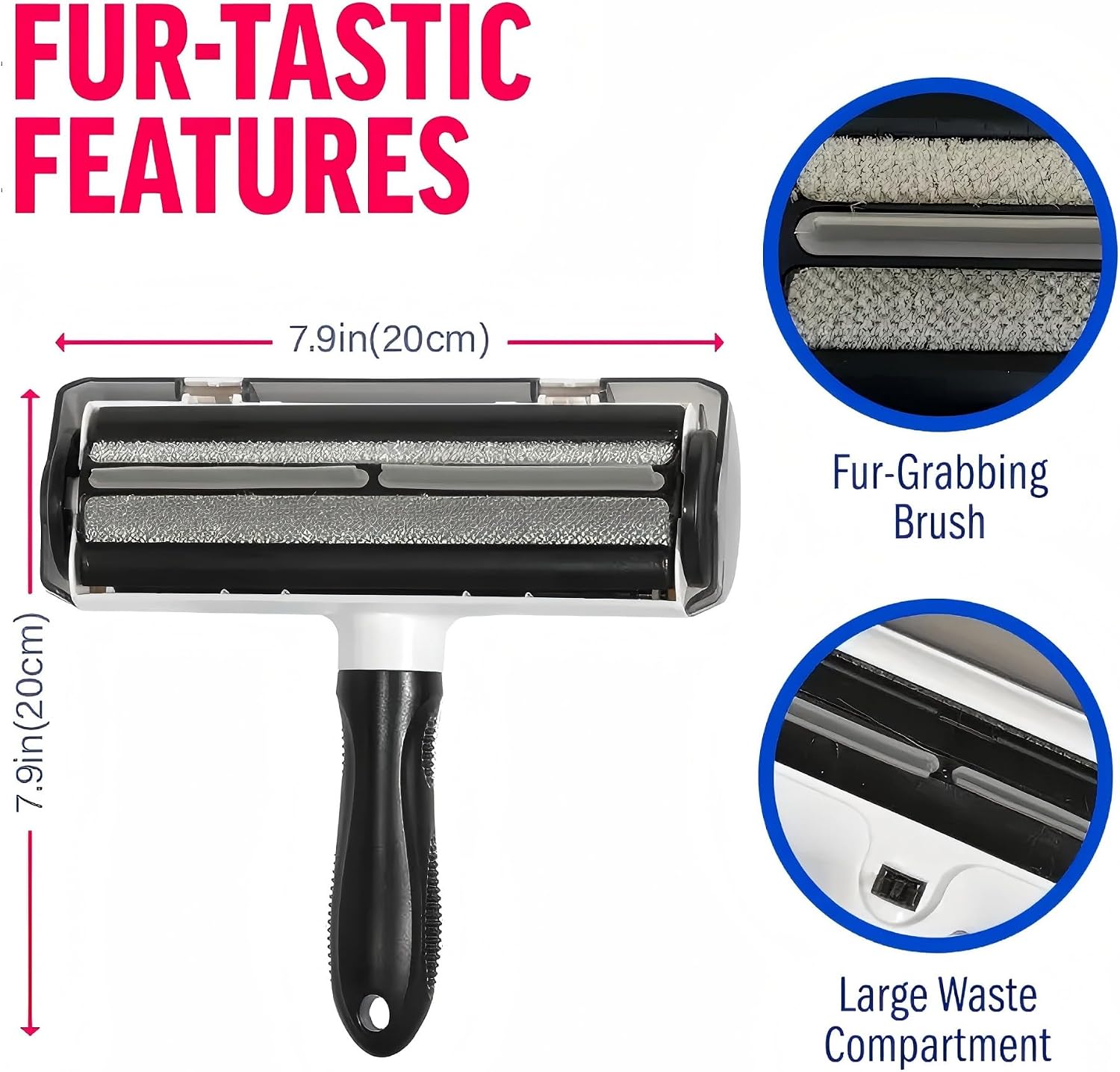 Pet Hair & Lint Remover – Reusable Self-Cleaning Roller Brush for Furniture, Clothes, Bedding – Black