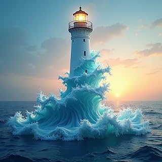 CHWGLFGG 5D Diamond Art Kits for Adults Beginners, Lighthouse Sea Diamond Painting Kits, DIY Full Round Drill Paint by Diamonds Dot Gem Art for Adults, Home Wall Decor 13.7X 13.7 Inch