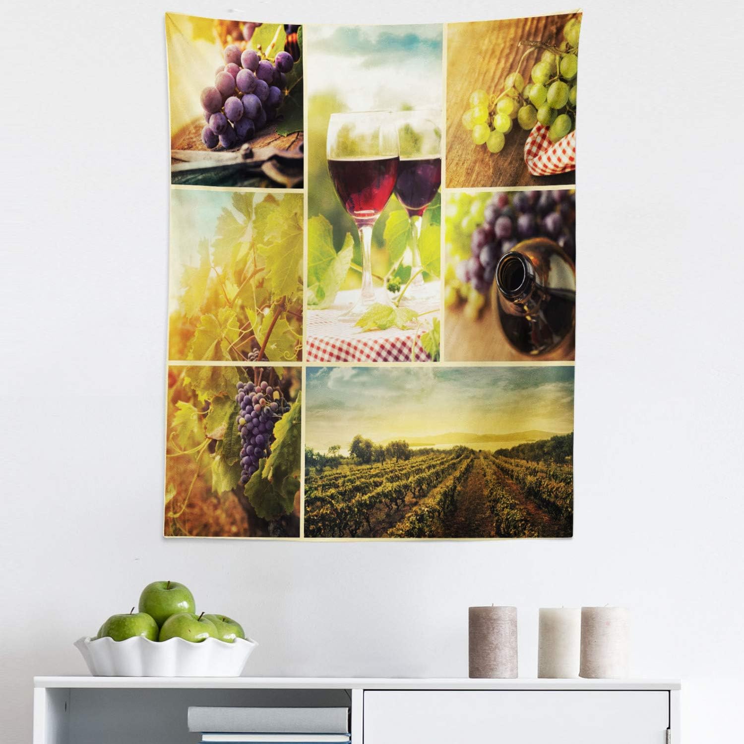 Lunarable Rustic Tapestry Twin Size, Rustic Style Collage of Wine Glass Grapes and Vineyard Qualified Harvest Village, Wall Hanging Bedspread Bed Cover Wall Decor, 68" X 88", Green Red