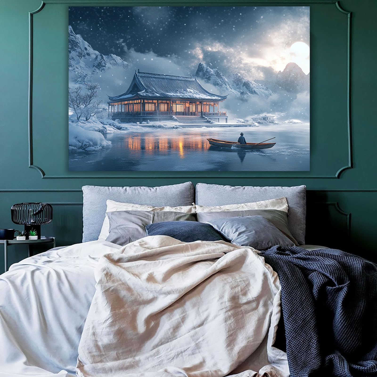 WUFIEA Azjatycka sztuka ścienna tradycyjny chiński obraz śnieg jezioro łodzie do dekoracji domu salonu sypialni (Blu foschia) - 70 x 100 cm oprawione
