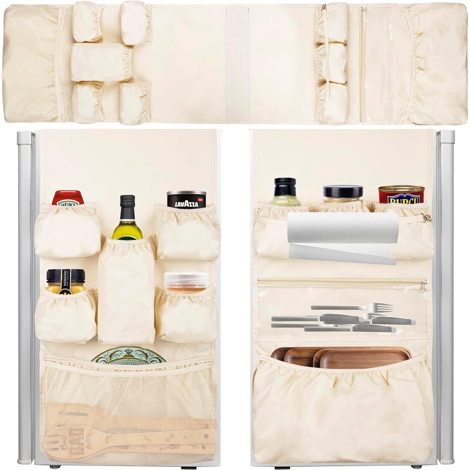 ChezMax Mini Fridge Organizer Dorm Essentials - Over the Fridge Caddy Organizer, Dorm Room Storage, Mini Refrigerator Dust Cover Top with 12 Extra Large Fabric Pockets for Office Kitchen Home, White