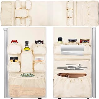 Mini Fridge Organizer Dorm Essentials - Over the Fridge Caddy Organizer, Dorm Room Storage, Mini Refrigerator Dust Cover Top with 12 Extra Large Fabric Pockets for Office Kitchen Home, White